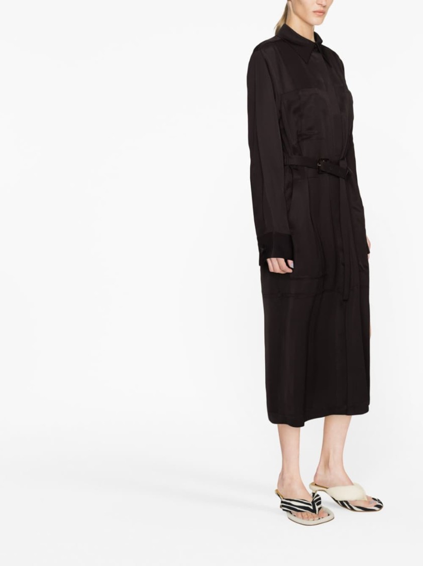 Jil Sander Belted Midi Coat With Silhouette And Draped Finish In Brown