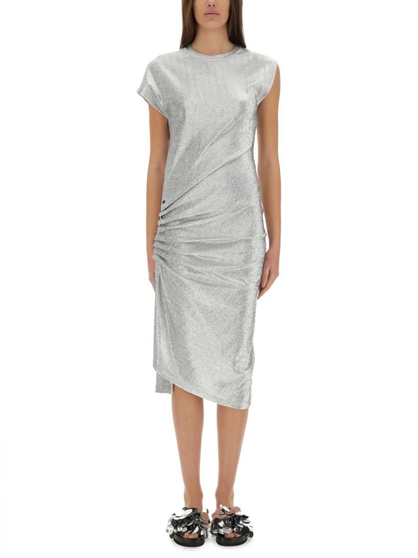 Rabanne Asymmetric Ruched Stretch-lurex Dress In Silver