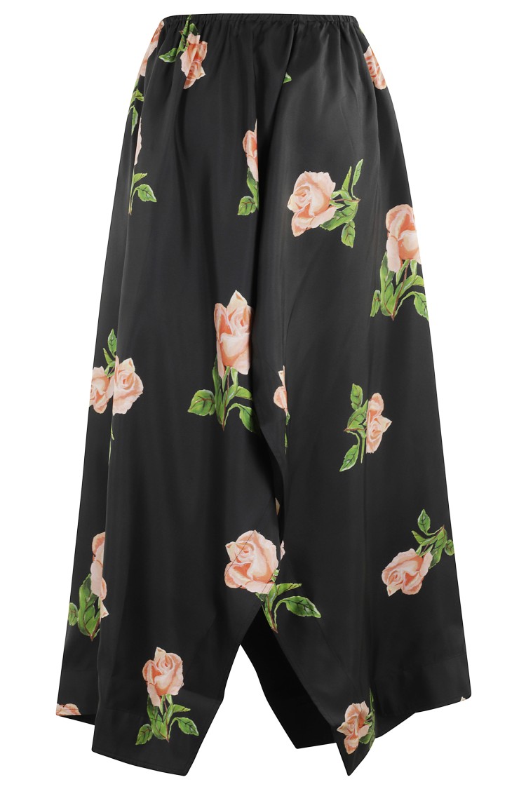 Nanushka Asymmetrical Black Midi Skirt With Striking Rose Print In Black