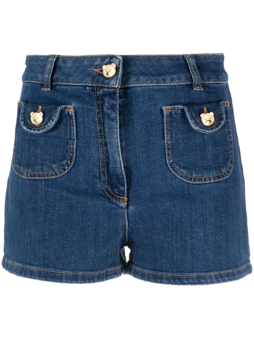 Moschino High-waisted Denim Shorts With Gold-tone Accents In Blue