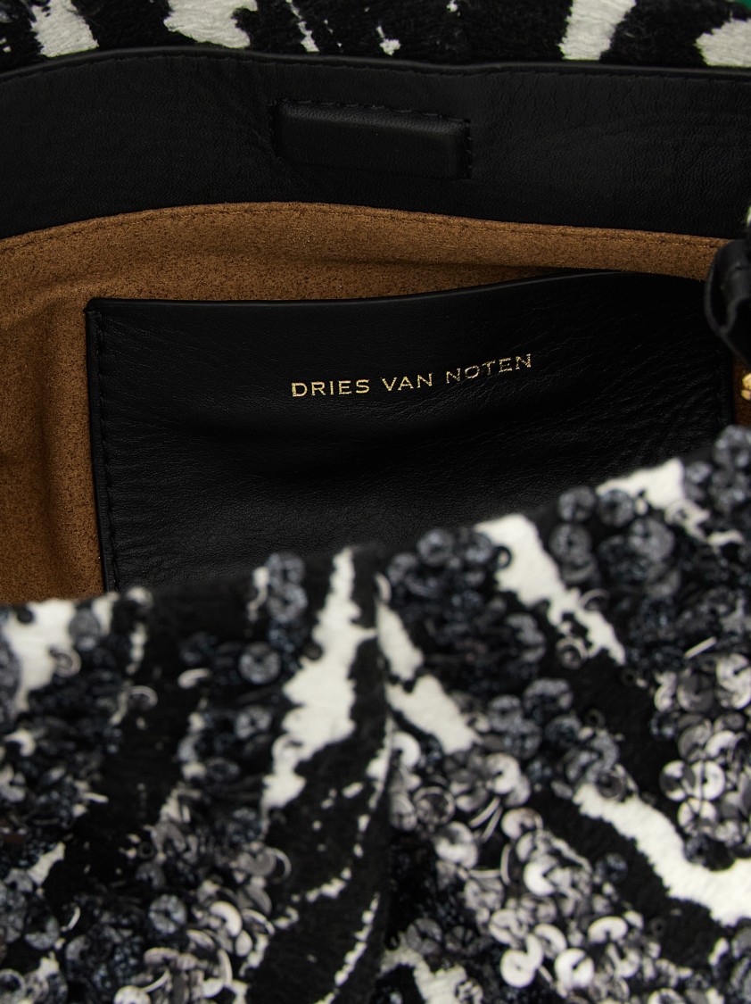 Dries Van Noten "w.l." Two-tone Pleated Jacquard Handbag In Gray