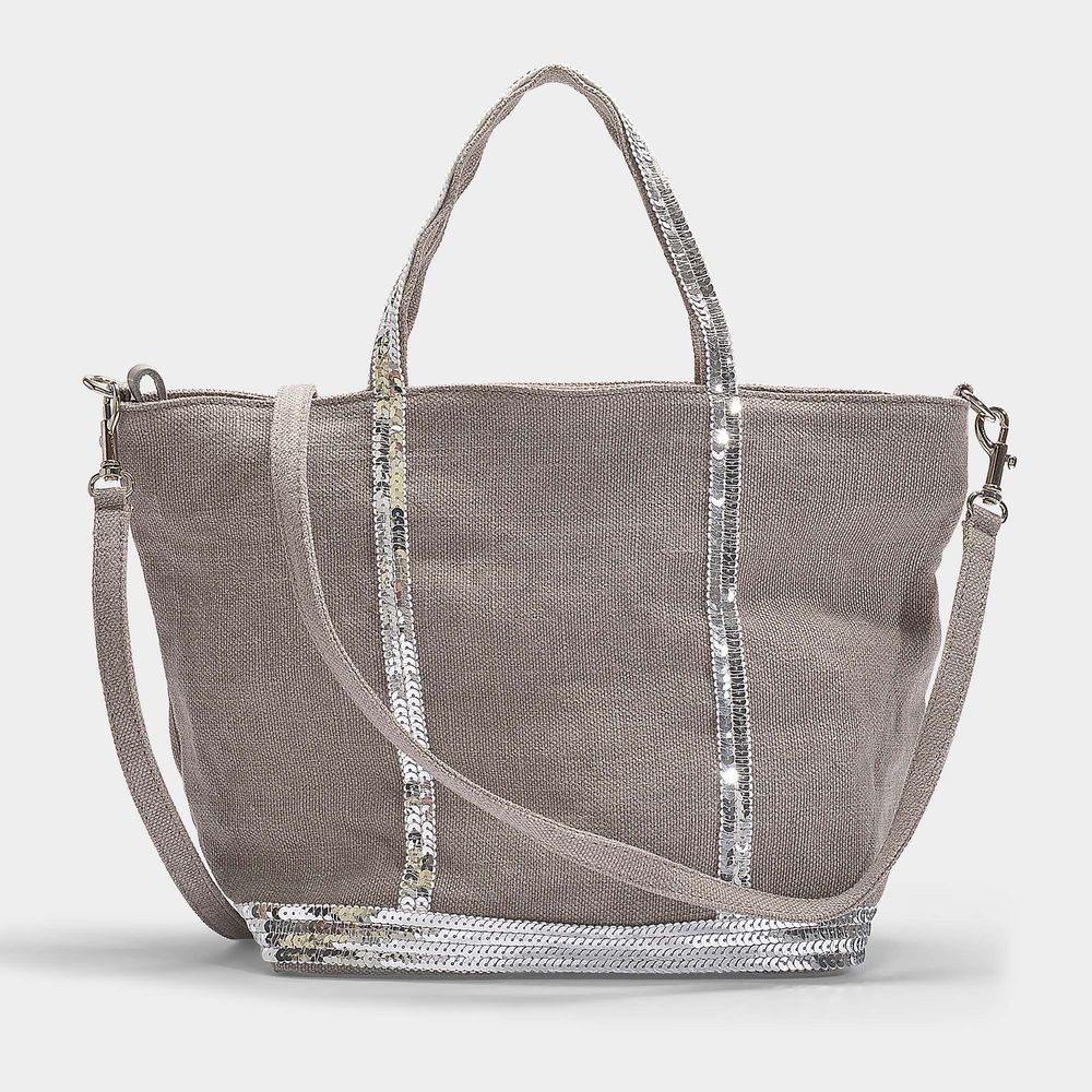 Vanessa Bruno Petit Cabas Tote In Grey Linen And Sequins In Grey