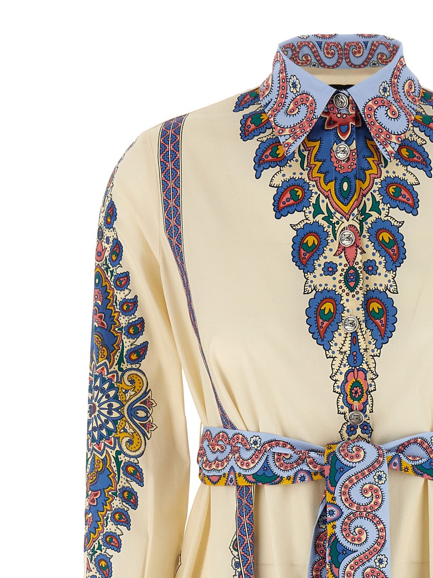 Etro Cotton Poplin Maxi Dress With Paisley Medallion And Contrasting Belt In Blue