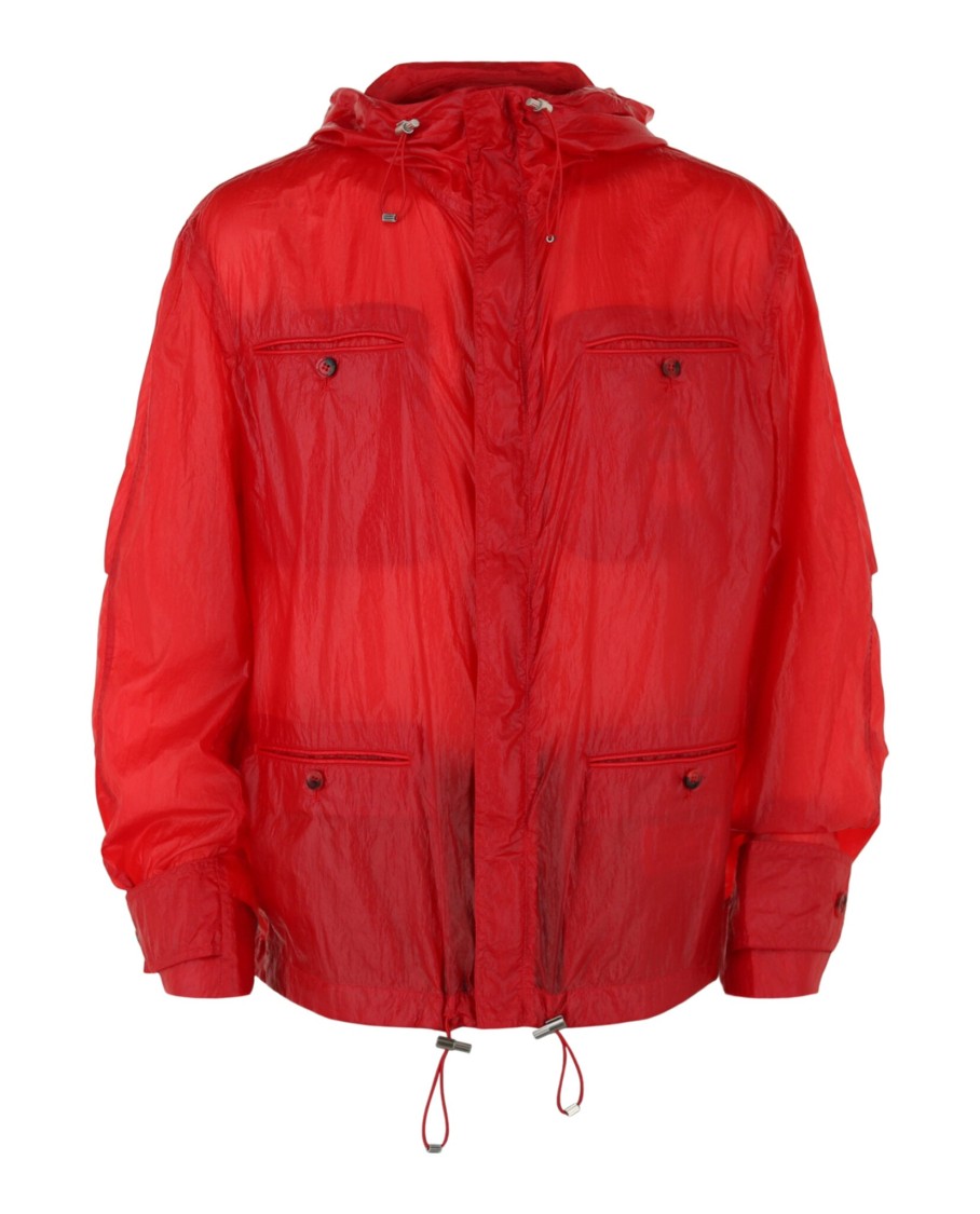 Ferragamo Hooded Windbreaker Jacket With Adjustable Drawstrings In Red
