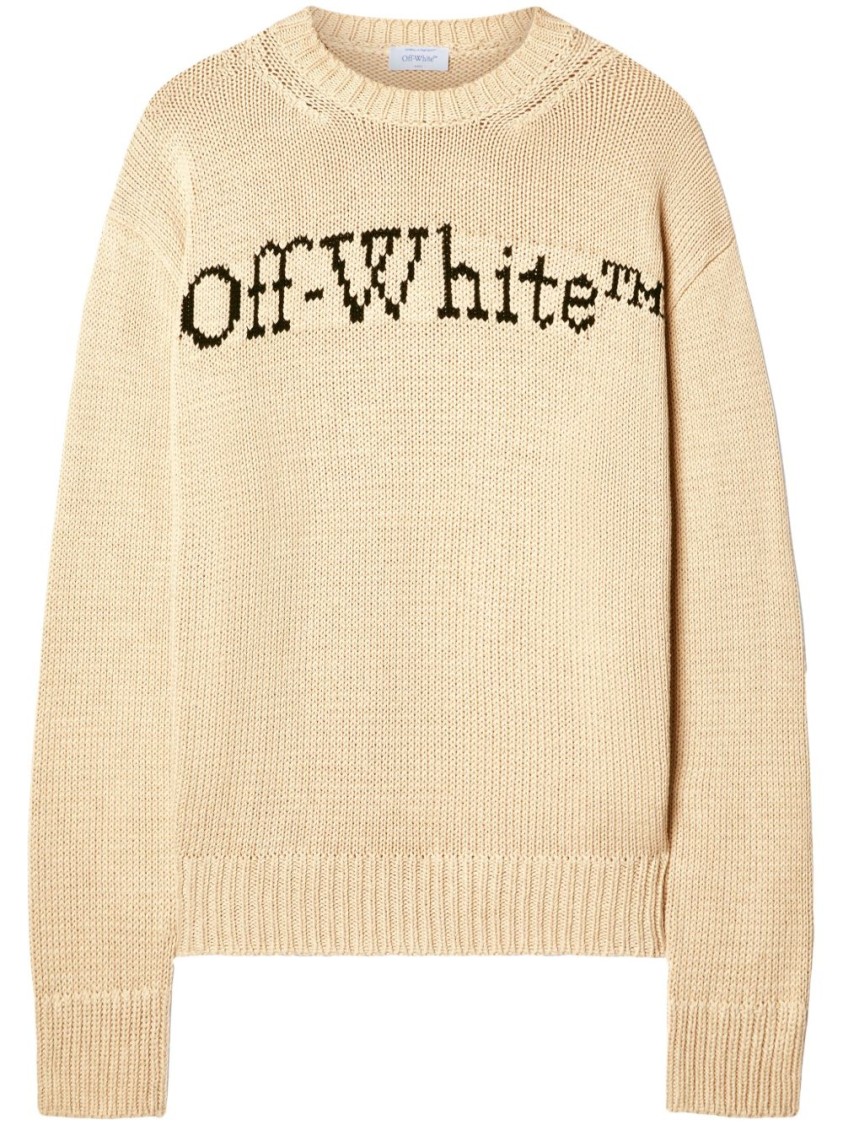 Off-white Relaxed Fit Beige Sweater With Ribbed Neckline In Brown