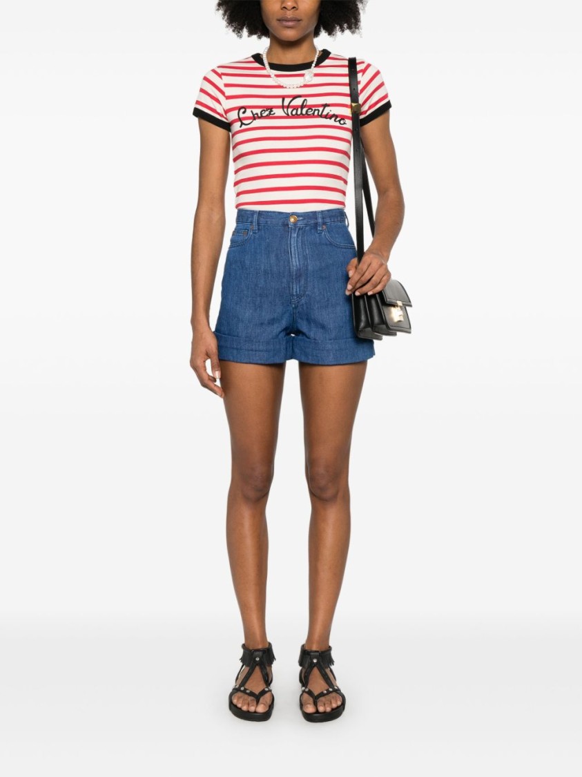Valentino Women Ivory Striped Jersey Embroidered T-shirt