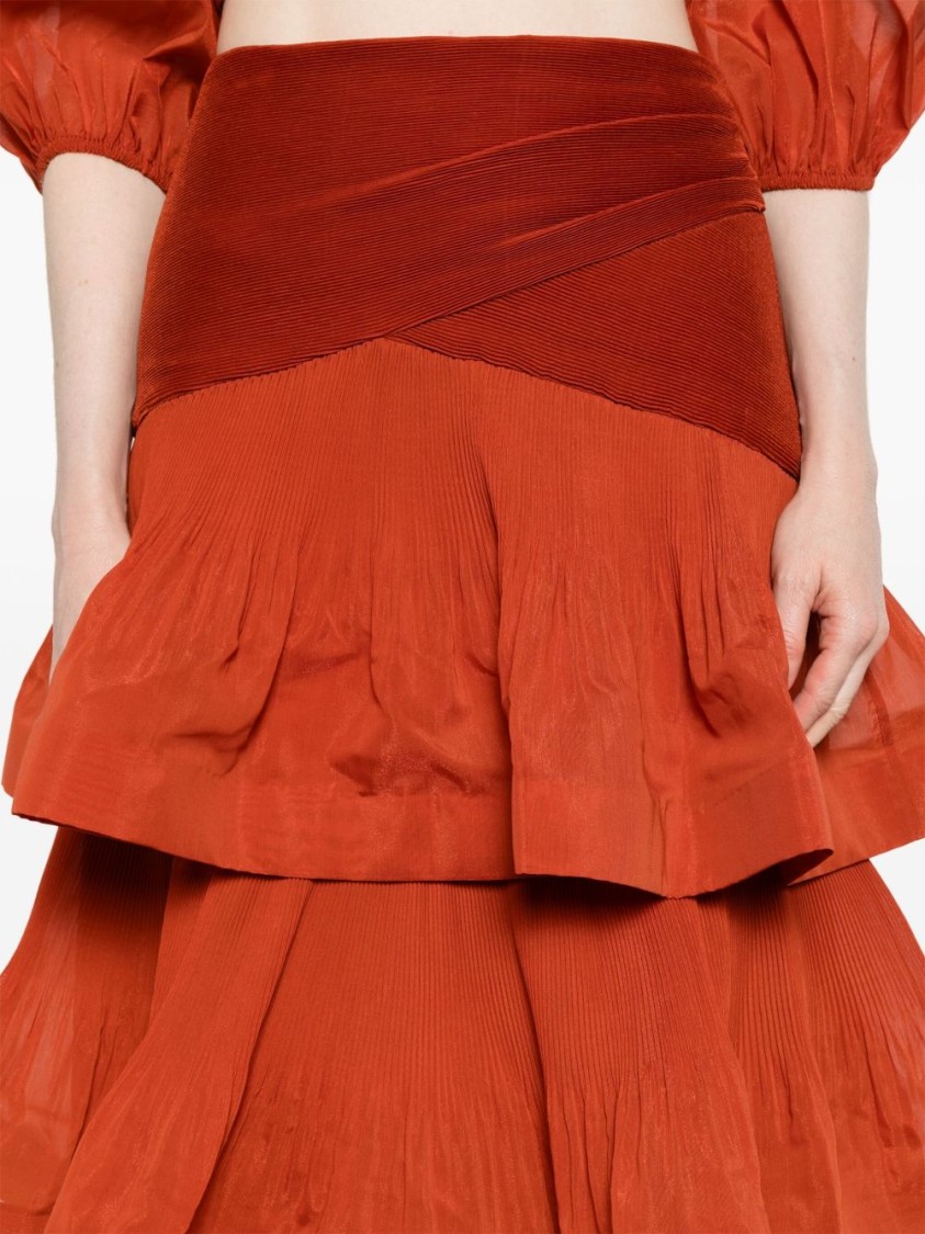 ZIMMERMANN ZIMMERMANN RUFFLED BRICK RED MAXI SKIRT WITH FLARED HEM AND DRAPED DETAIL