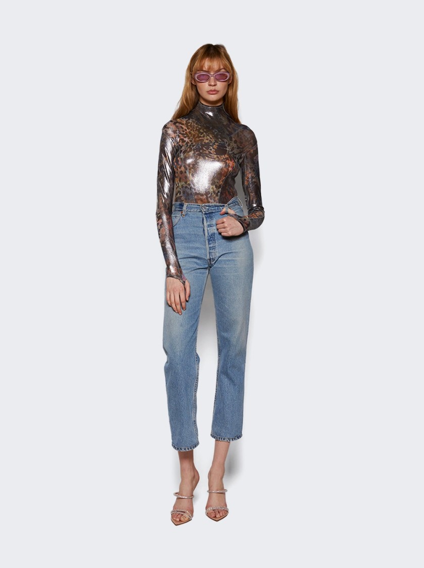 Mugler High-neck Printed Bodysuit With Mesh Design