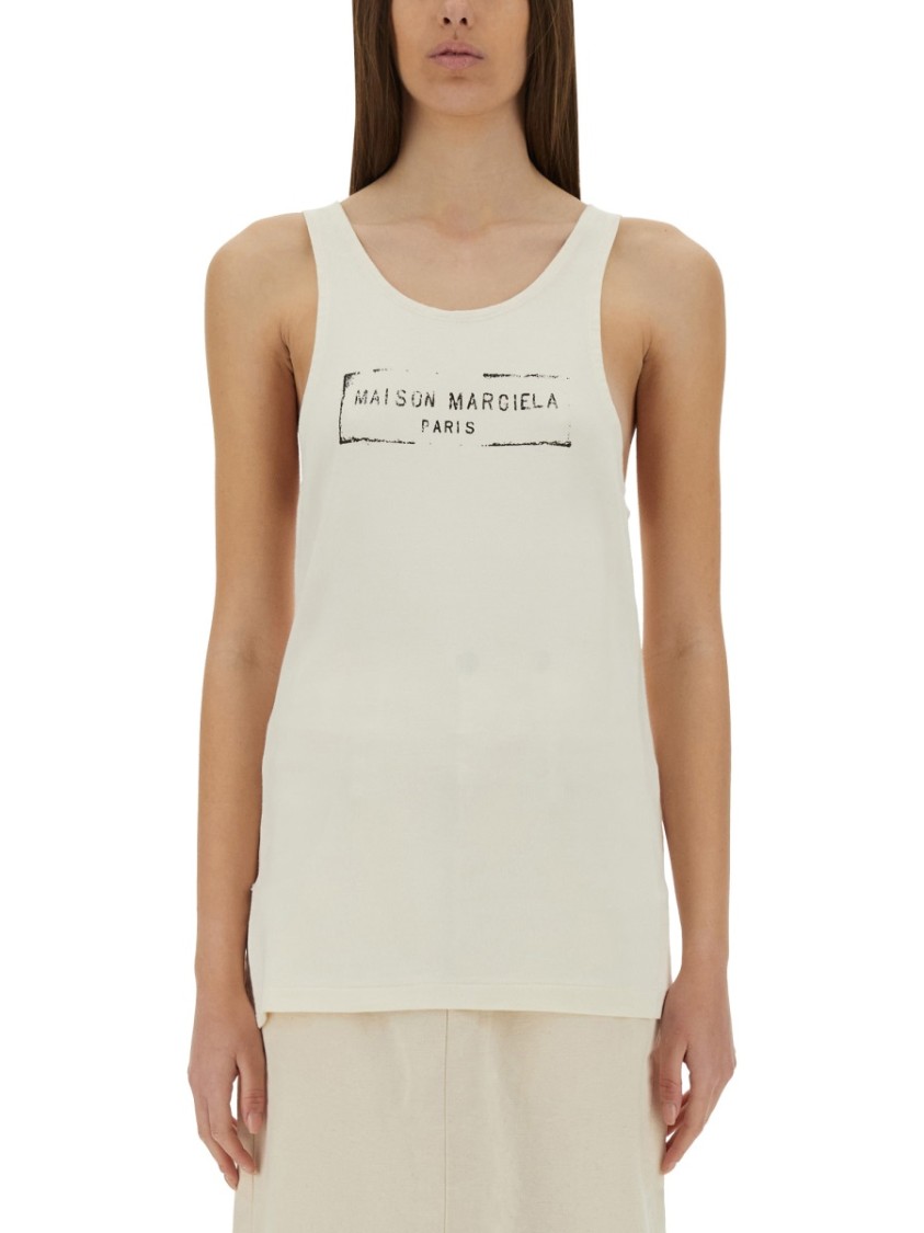Maison Margiela Beige Top With Wide Neckline And Logo Printed On The Front In Viscose And Cotton Blend Woman