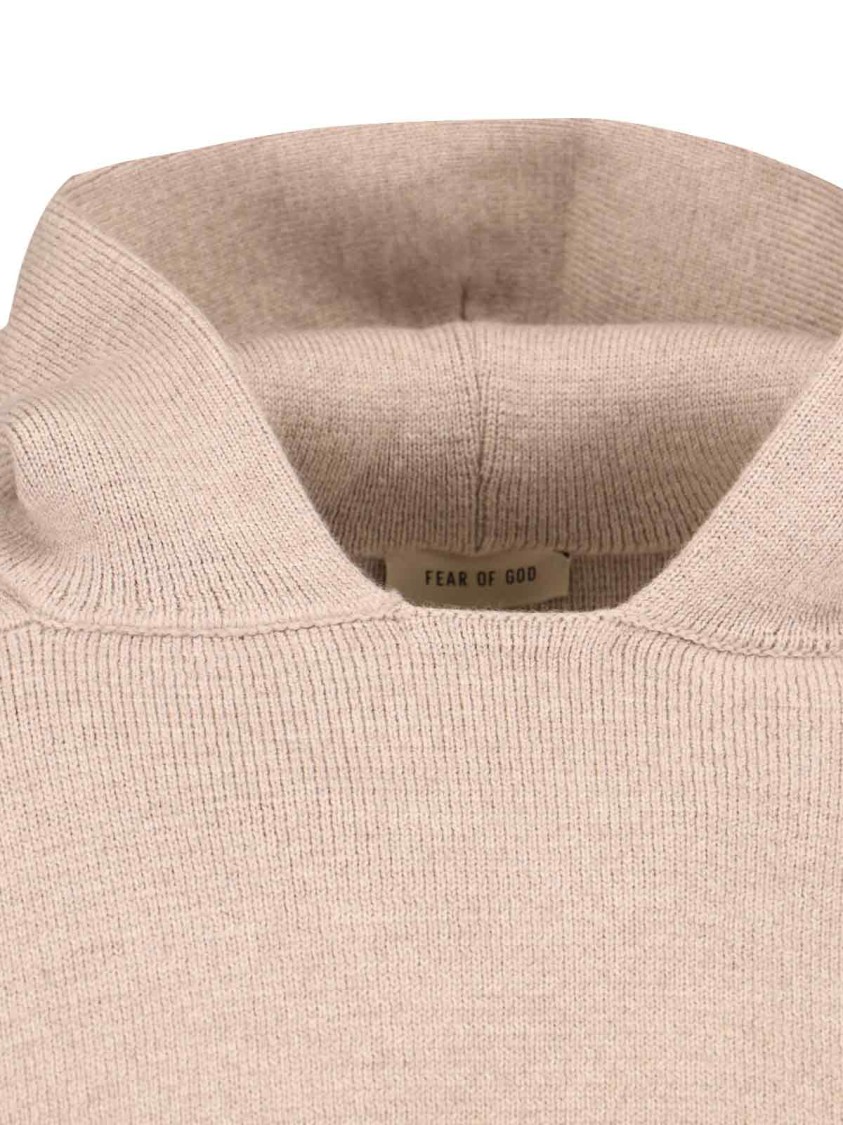 Shop Fear Of God Knitted Hoodie In Beige Wool Engraved Logo Tag