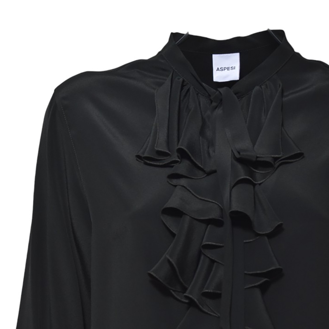 Shop Aspesi Black Crepe De Chine Blouse With Ruffles