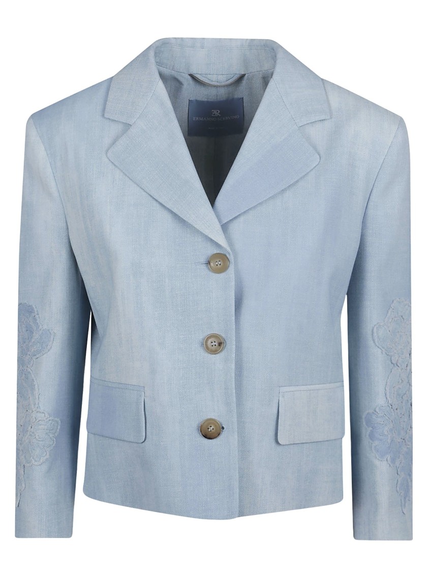 Ermanno Scervino Tailored Blue Jacket With Embroidered Sleeves In Blue
