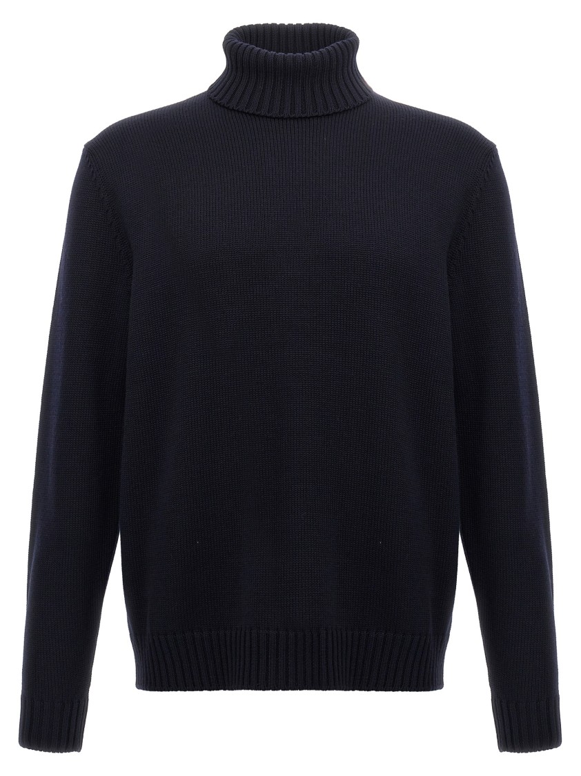 Zanone Turtleneck Wool Sweater With Turn-up Collar And Cuffed Sleeves In Blue