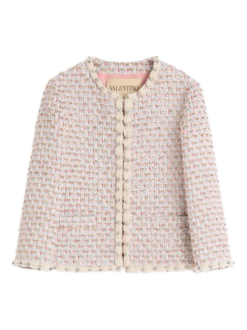 Valentino Embroidered Ribbon Tweed Jacket In Pink