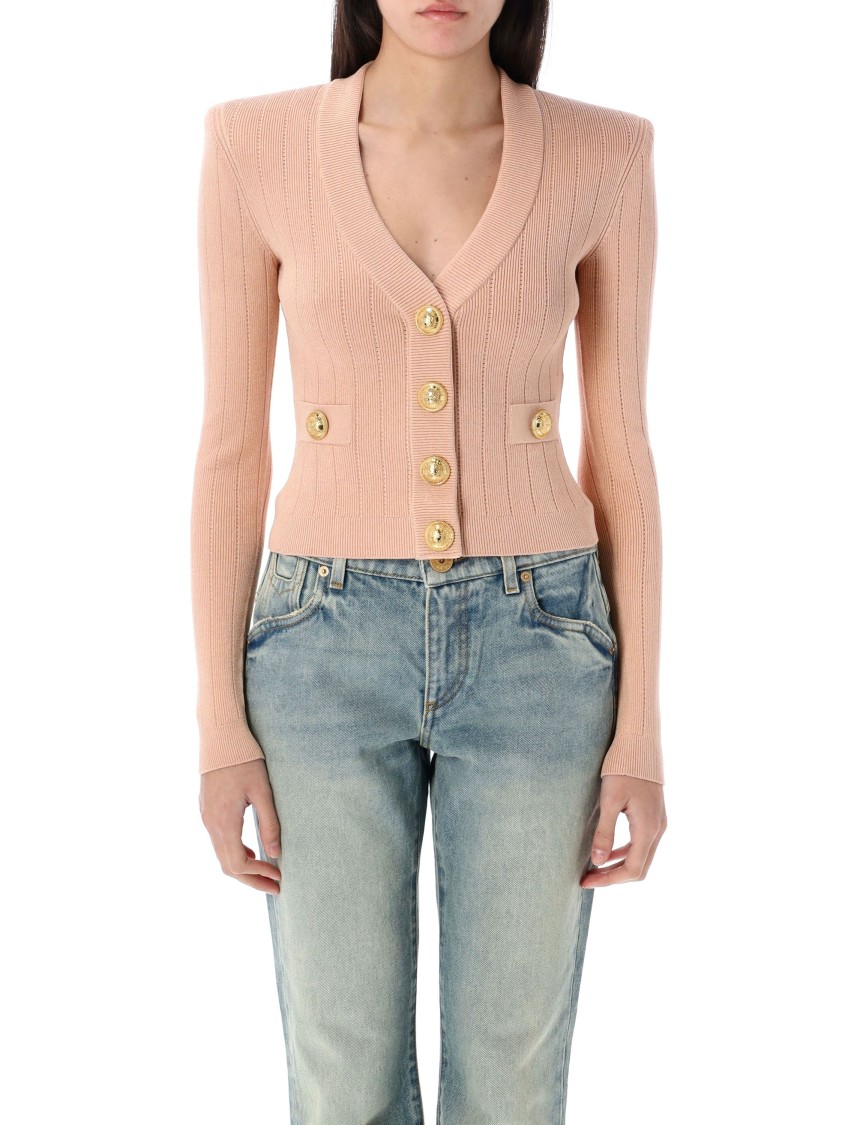 Balmain Fitted Knit Cardigan With Gold Button Accents In Neutral