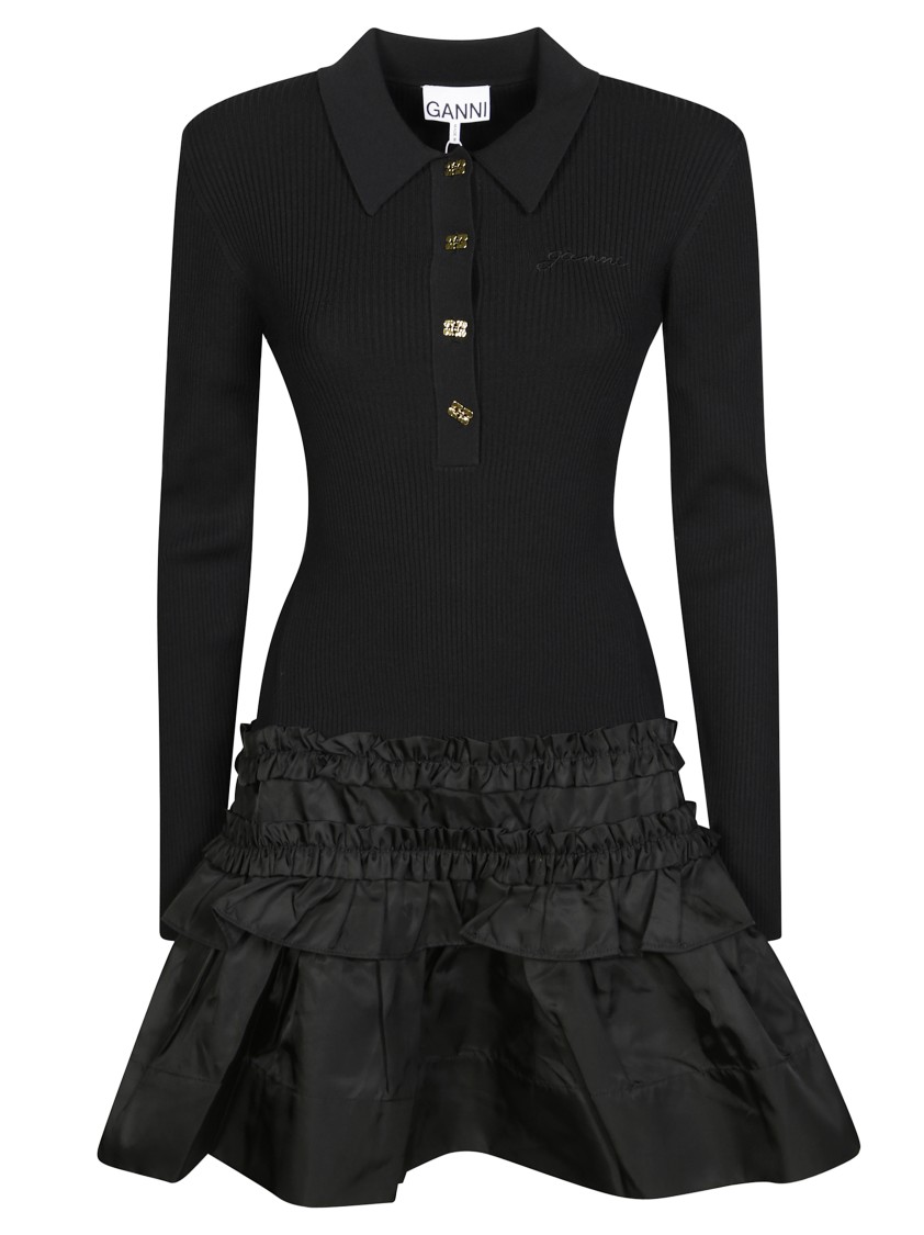 Ganni Black Flared Dress With Ribbed Details In Black