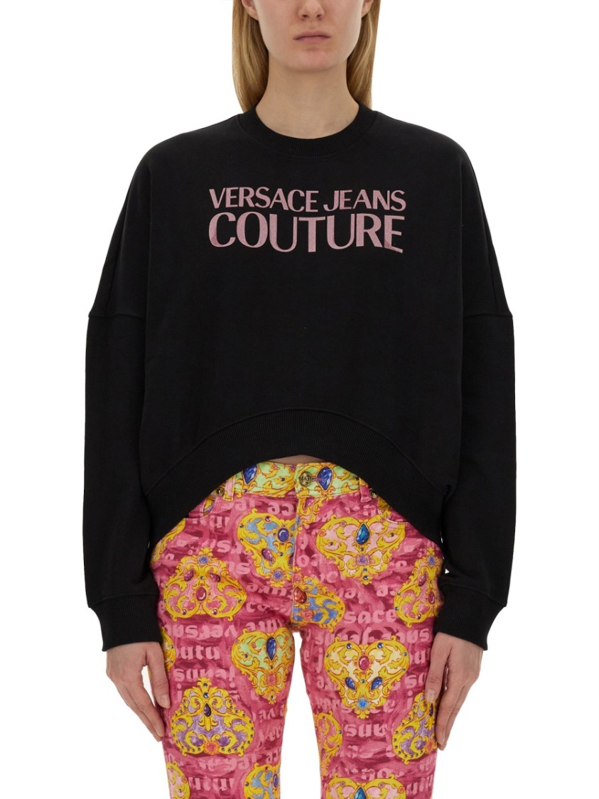 Versace Jeans Couture Cropped Fit Sweatshirt With Bold Logo Detail In Black