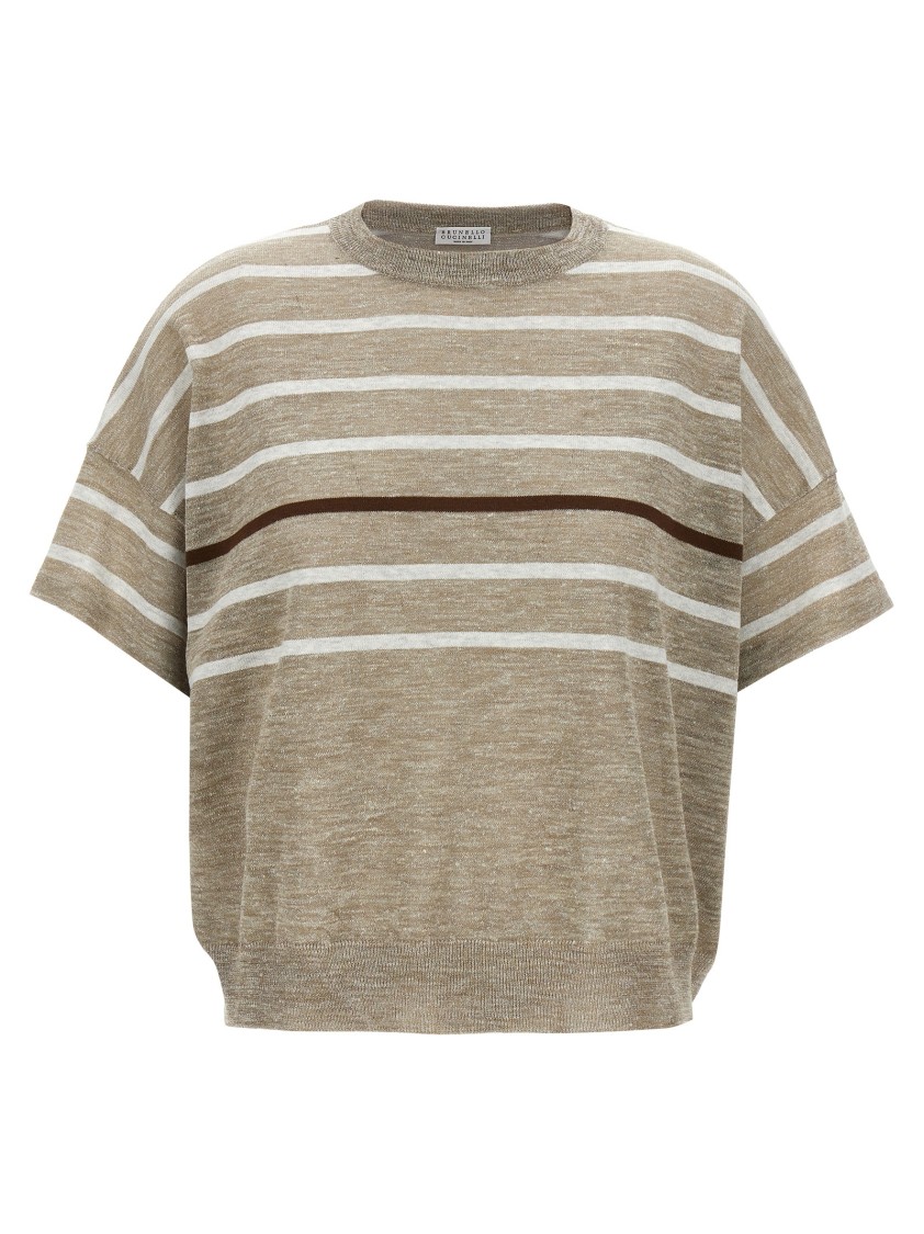 Brunello Cucinelli Beige Lurex Linen Blend Striped Sweater In Brown