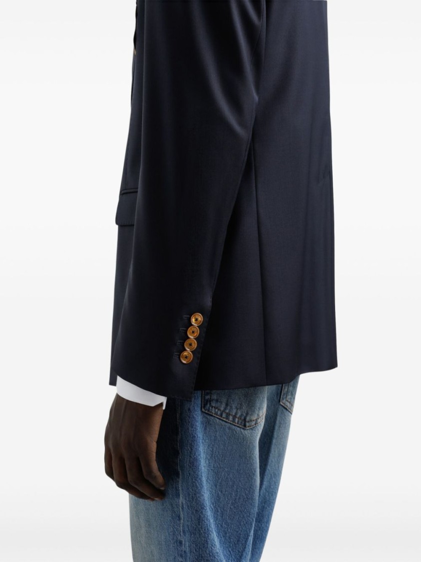 Dolce & Gabbana Men Double-breasted Wool Jacket With Patch In Blue