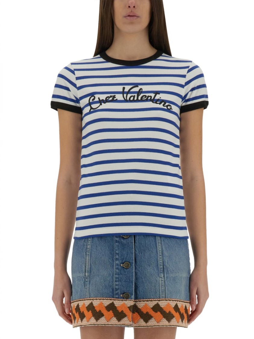 Valentino Womens Striped Embroidered Cotton-jersey T-shirt Avorio Blu