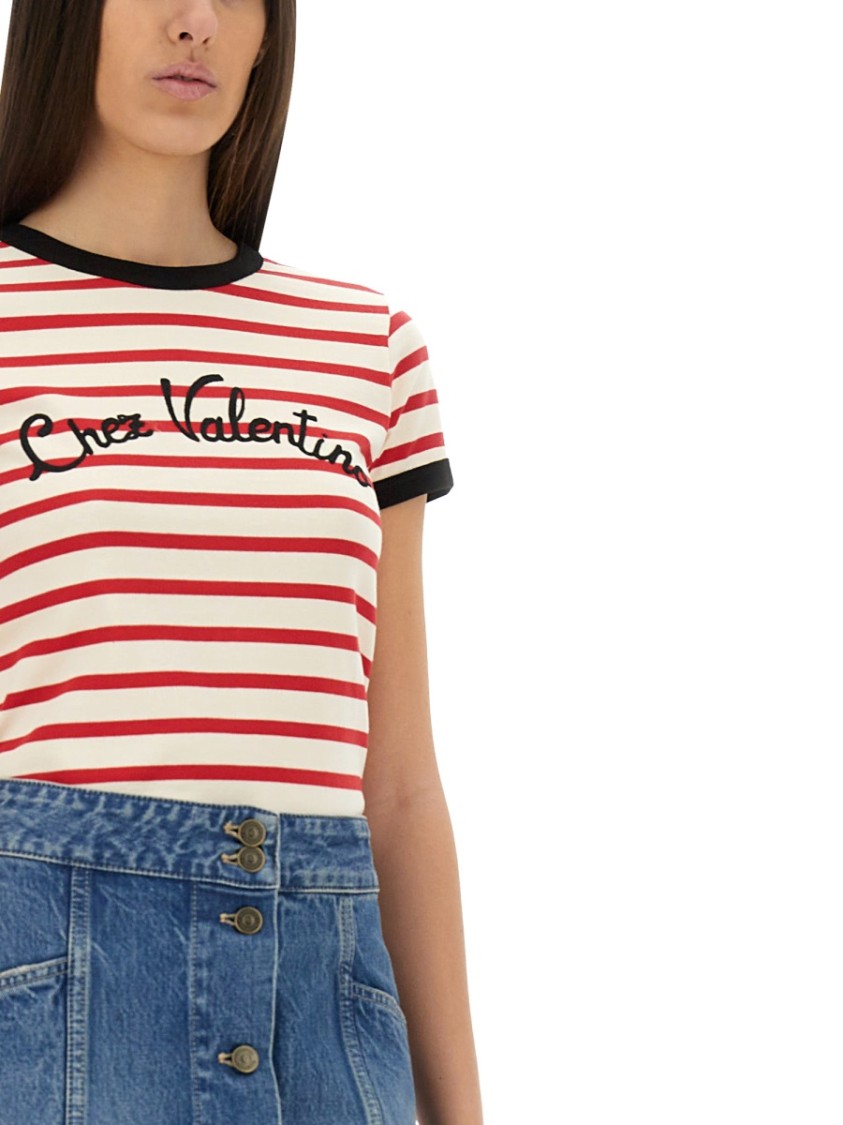 Valentino Women Ivory Striped Jersey Embroidered T-shirt