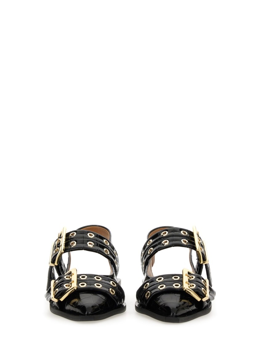 Ganni Buckle Ballerina Crocodile-effect Slingback Flats In Black
