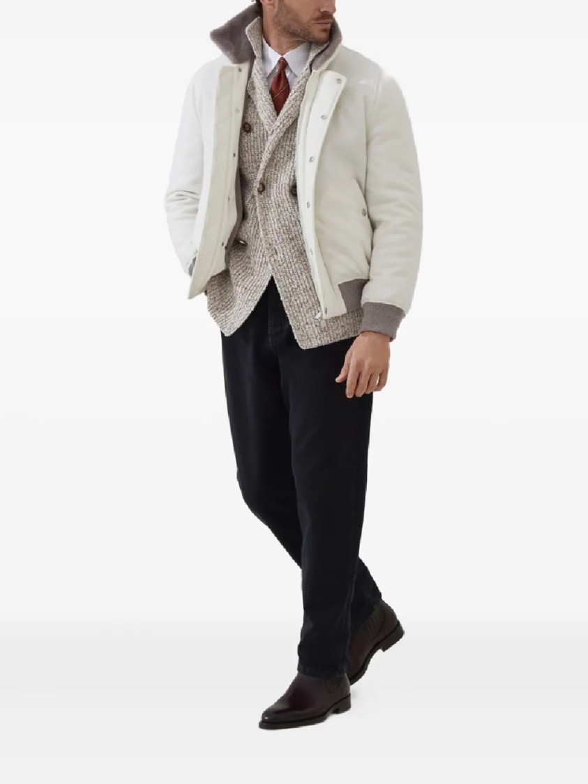 Brunello Cucinelli Textured Knit Double-breasted Jacket With High Collar In Neutral