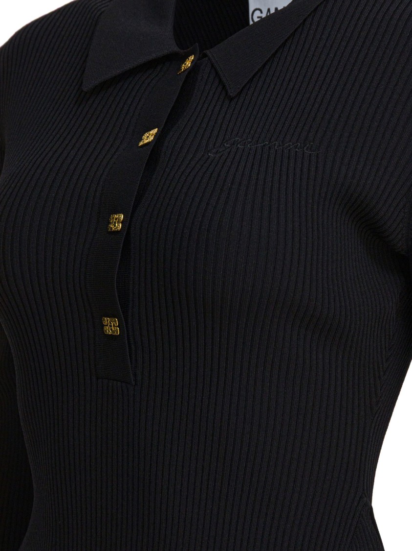 Ganni Black Flared Dress With Ribbed Details In Black