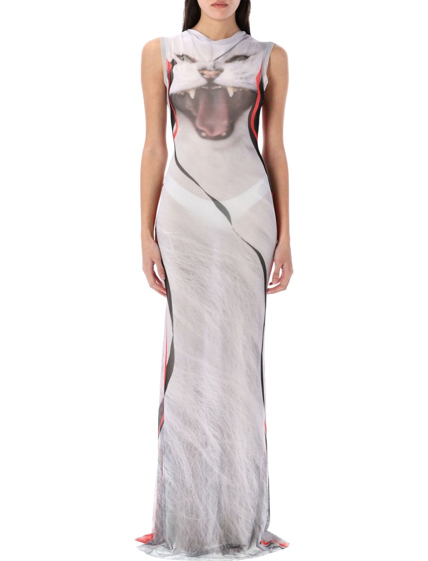 Shop Ottolinger Cowl Neck Mesh Printed Maxi Dress With Sheer Details In White