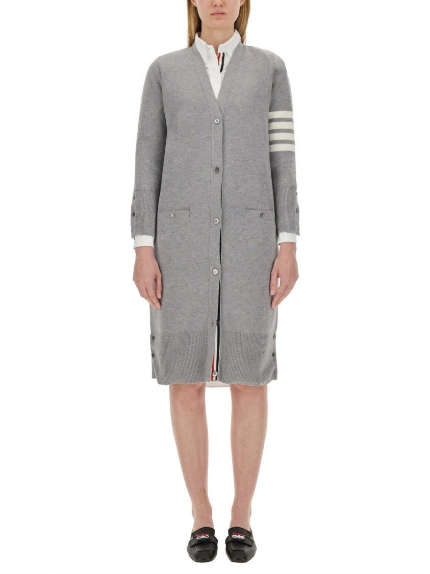 Shop Thom Browne Virgn Wool Cardigan Dress With Sporty Stripe Detail