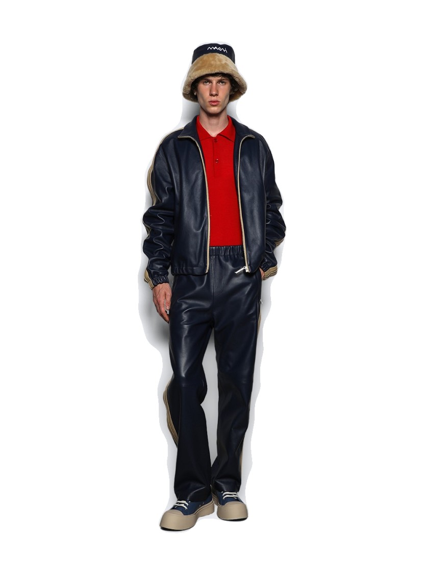 Shop Marni Leather Bomber Jacket Navy In Blue