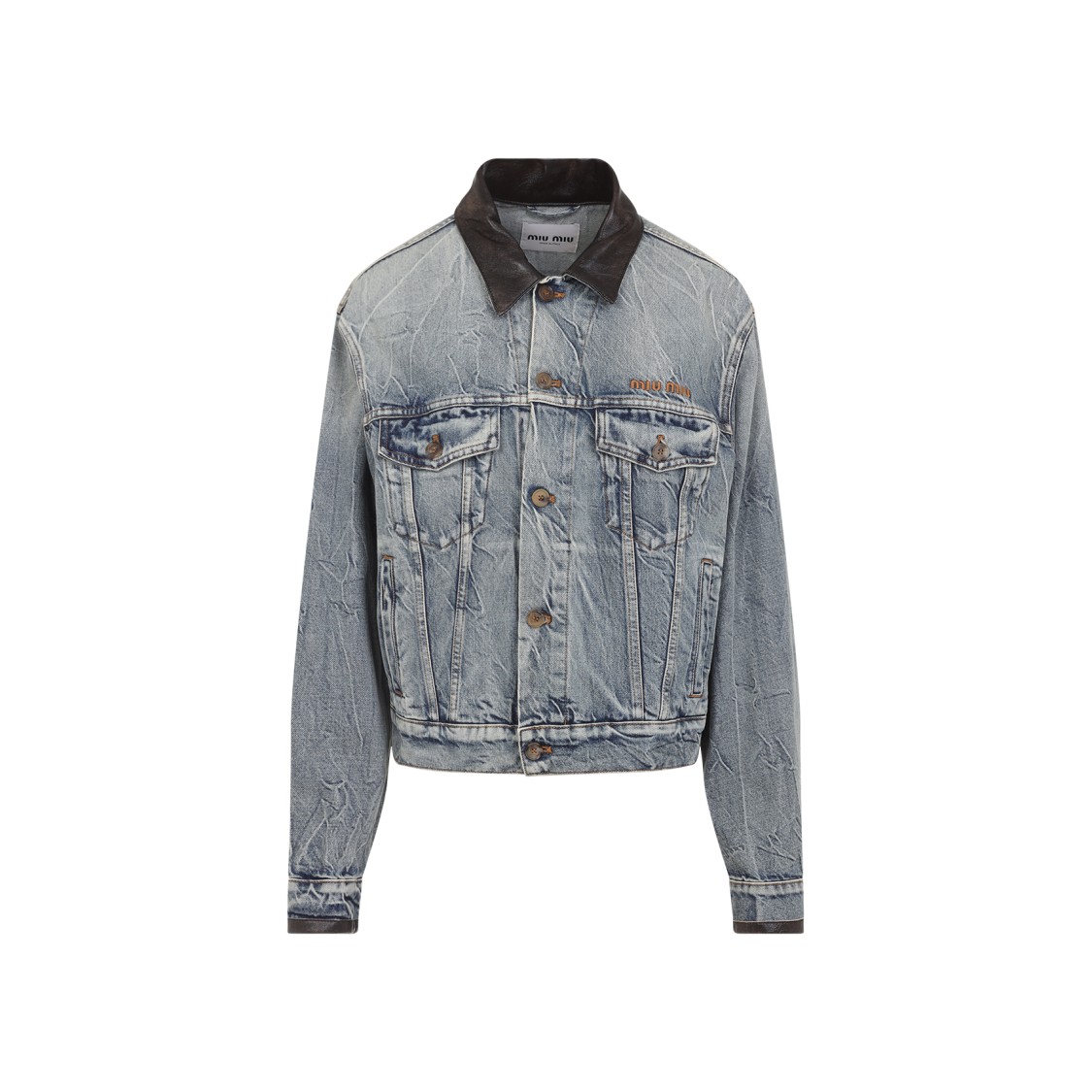 Miu Miu Cropped Denim Jacket With Distressed Finish In Gray