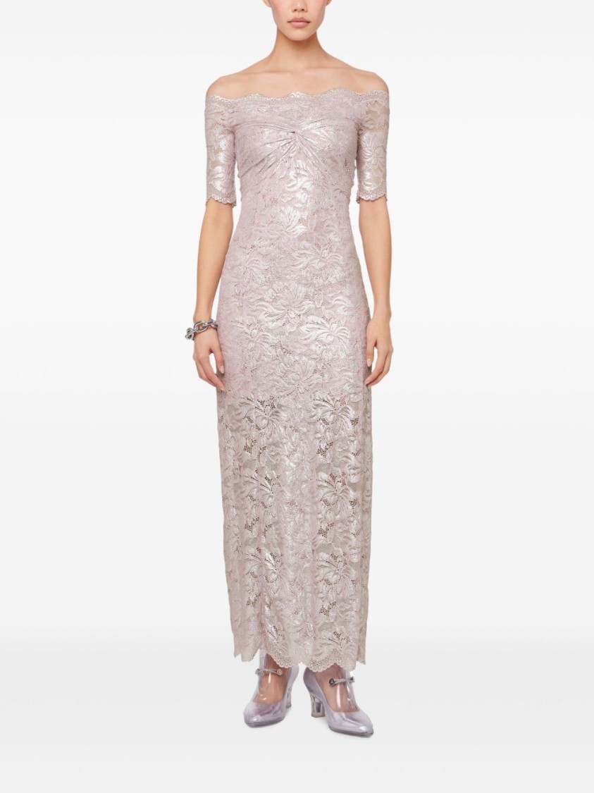 Rabanne Off-the-shoulder Twist-front Metallic Lace Maxi Dress In Silver