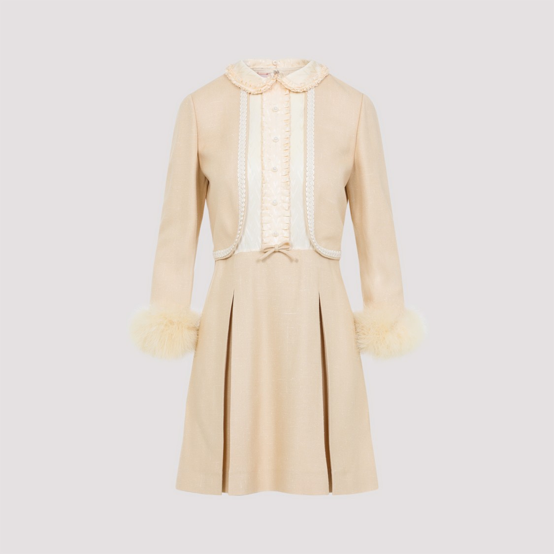 Valentino Nude Viscose-silk Blend Dress With Feather-accented Cuffs