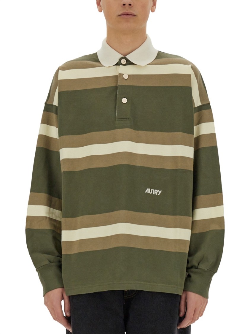 Autry Oversized Striped Polo In Earthy Tones In Green