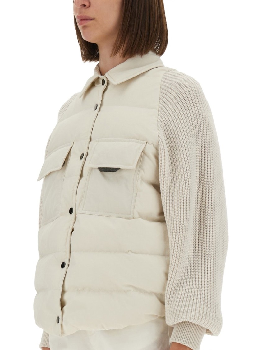 Brunello Cucinelli Two-material Down Jacket With Shiny Flap Detail In White