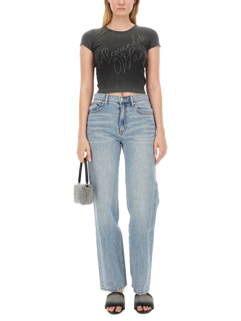 Alexander Wang Crystal Hotfix Tee In Ribbed Jersey In Grey
