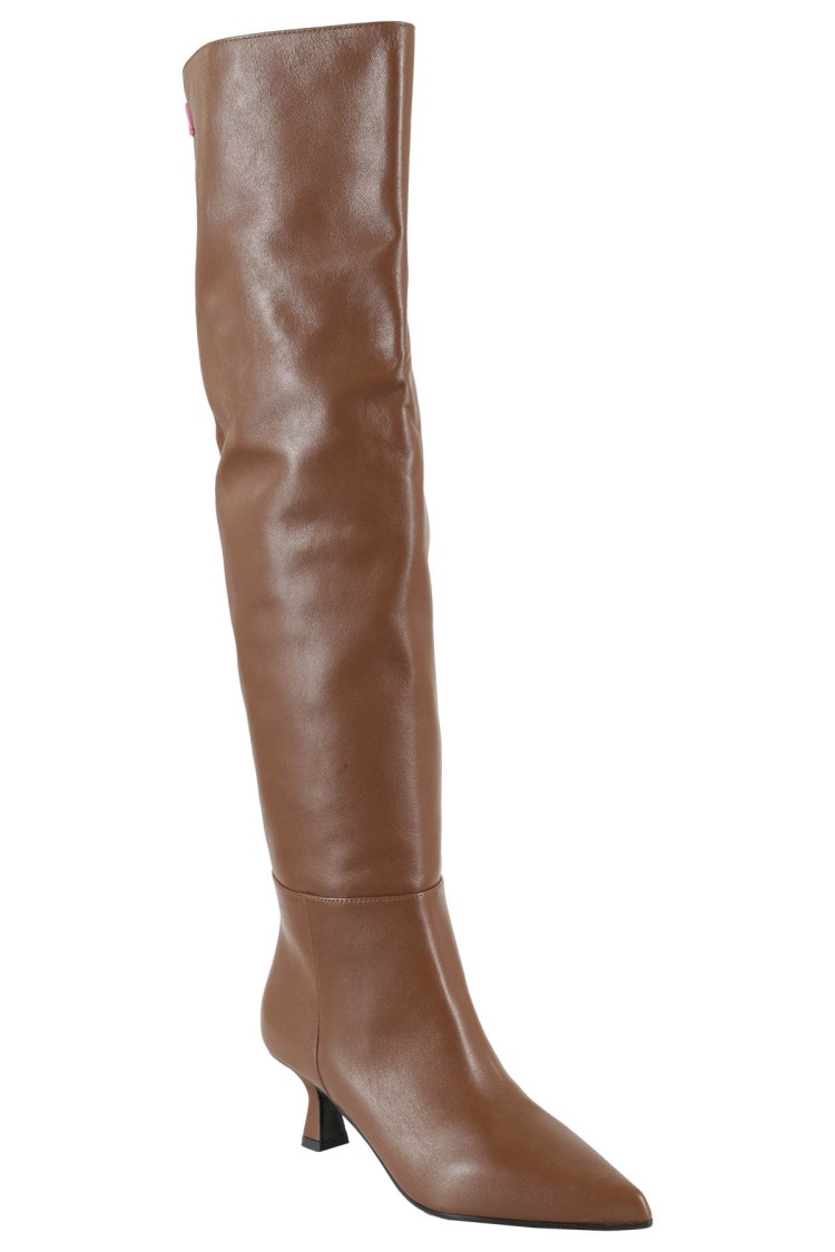 3juin Knee-length Brown Leather Boots With Pointed Toe In Brown