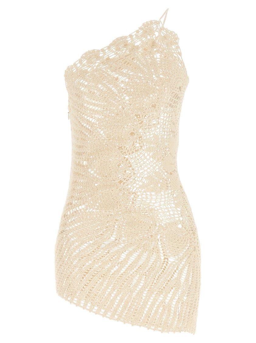 Magda Butrym Mini Crochet Lace Dress With Asymmetric Hem In Gold