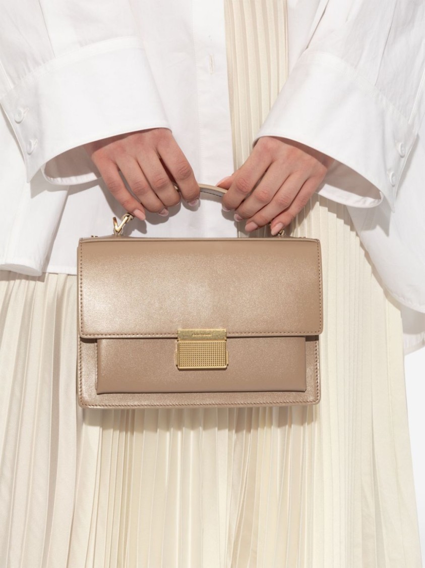 Golden Goose Deluxe Brand Structured Handbag With Gold-tone Clasp And Versatile Straps In Neutrals