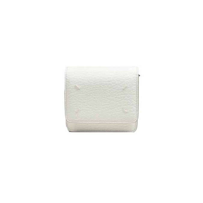 Maison Margiela Compact White Textured Leather Wallet With Removable Chain Strap In White