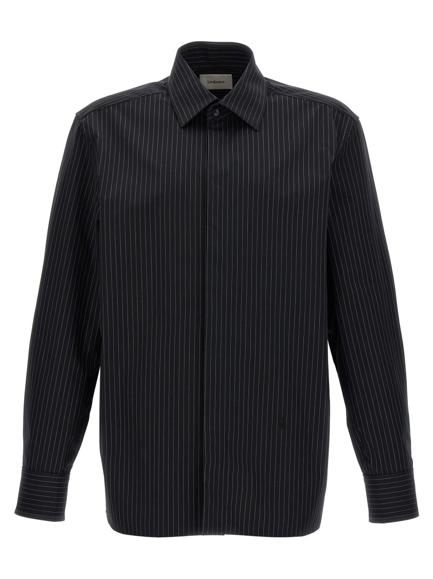 Saint Laurent Ysl Pinstriped Silk Shirt In Black