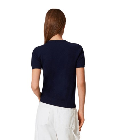 TWINSET TWIN-SET MOCK NECK T-SHIRT WITH TEXTURED FINISH AND FLORAL ACCENTS
