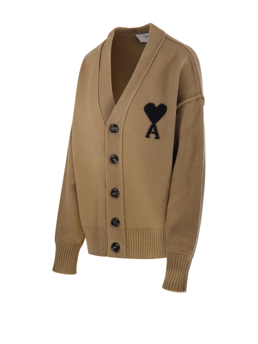 Ami Alexandre Mattiussi Ami Adc Cardigan V Neck Felted Merino In Brown