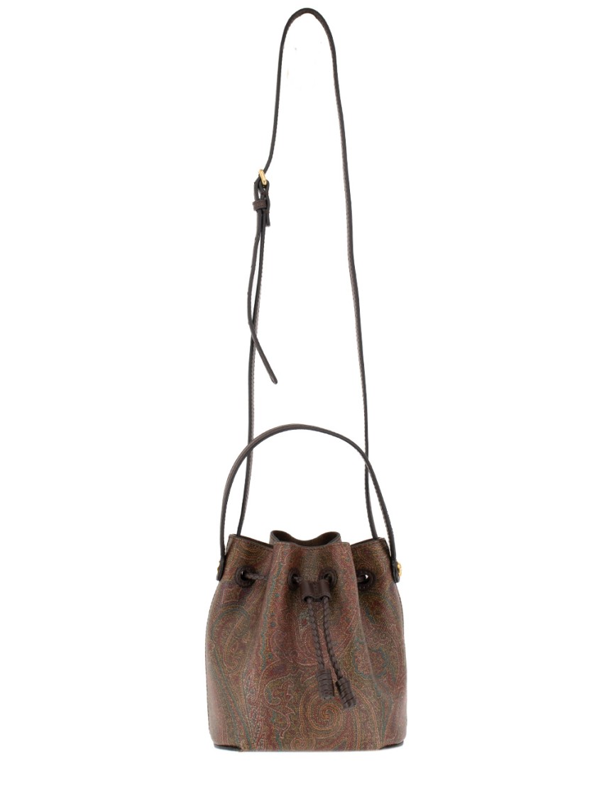 Etro Brown Paisley Jacquard Bucket Bag With Leather Trim