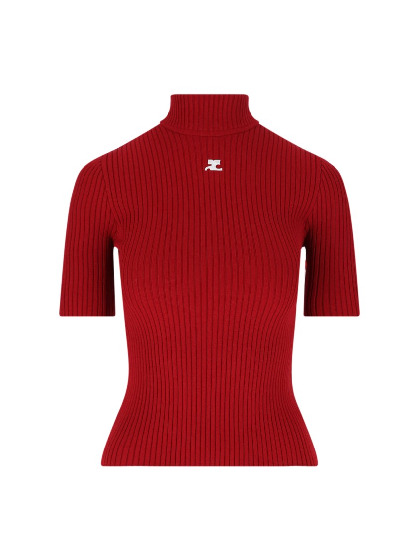 Courrèges Shoulder Snaps Rib Knit Cropped Sweater Top In Red