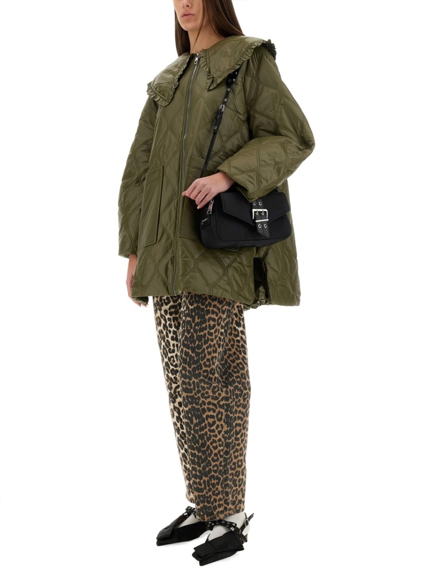 Ganni Lightweight Down Jacket With Oversized Collar In Green