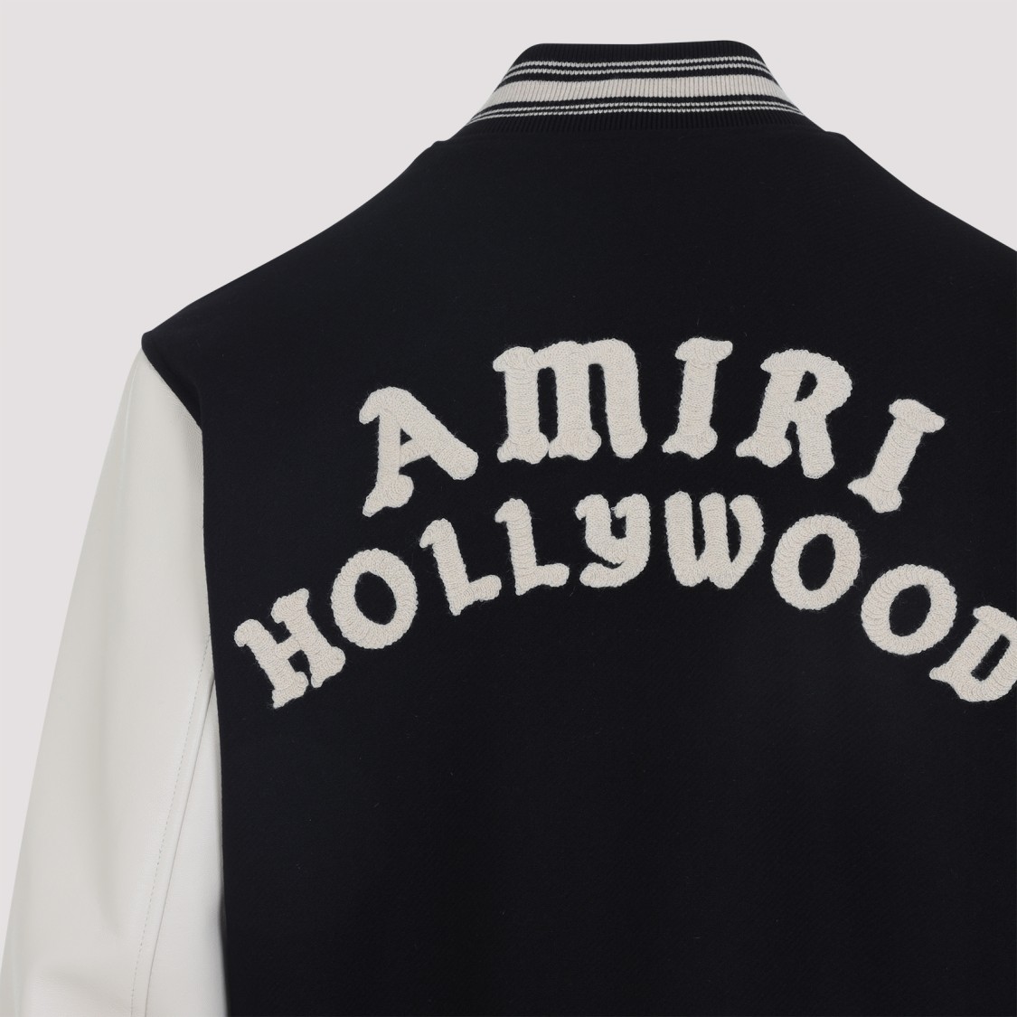Amiri Mens Hollywood Embroidered-text Wool-leather Blend Bomber Jacket Black Xl In Black