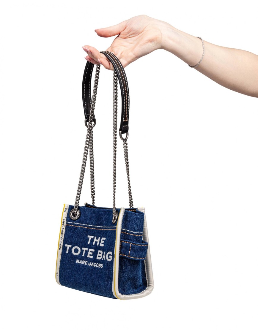 Marc Jacobs Sac Cabas The Denim Chain Micro Tote Bag In Blue