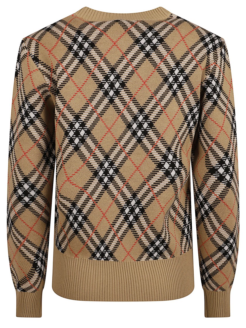 Burberry Plaid Crewneck Sweater With Ribbed Trims In Neutral